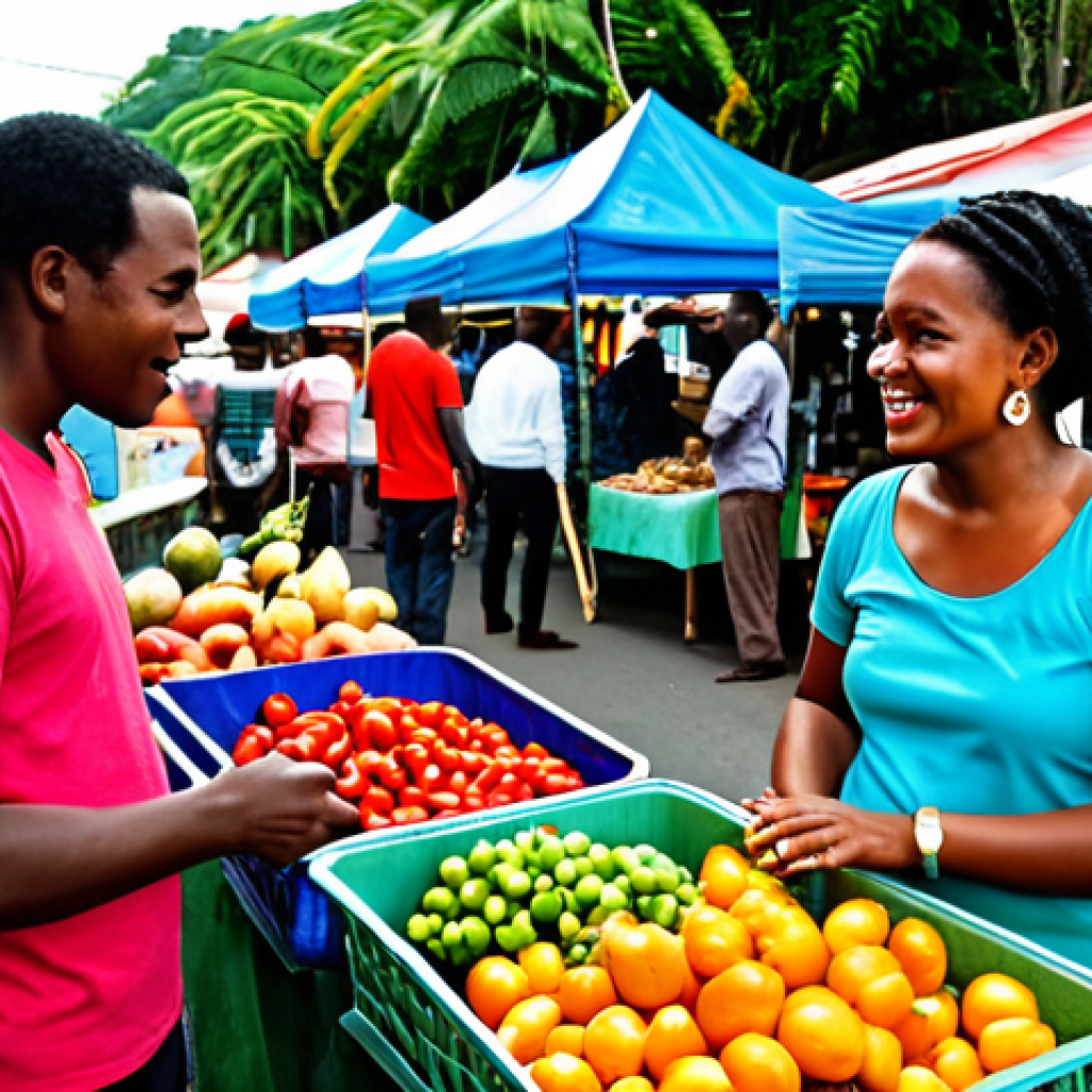 A diverse individual, fully clothed in modest, appropriate attire, engaging in a lively conversation with a local vendor at a vibrant street market in Port of Spain, Trinidad and Tobago. The market is bustling with people, colorful produce, and traditional food stalls, capturing a moment of genuine cultural exchange and language learning through daily interaction. The subject has perfect anatomy, correct proportions, and a natural pose. The image should be safe for work, appropriate content, family-friendly, and of professional photography quality with well-formed hands and natural body proportions.