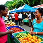 A diverse individual, fully clothed in modest, appropriate attire, engaging in a lively conversation with a local vendor at a vibrant street market in Port of Spain, Trinidad and Tobago. The market is bustling with people, colorful produce, and traditional food stalls, capturing a moment of genuine cultural exchange and language learning through daily interaction. The subject has perfect anatomy, correct proportions, and a natural pose. The image should be safe for work, appropriate content, family-friendly, and of professional photography quality with well-formed hands and natural body proportions.