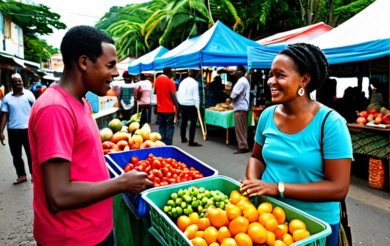 A diverse individual, fully clothed in modest, appropriate attire, engaging in a lively conversation with a local vendor at a vibrant street market in Port of Spain, Trinidad and Tobago. The market is bustling with people, colorful produce, and traditional food stalls, capturing a moment of genuine cultural exchange and language learning through daily interaction. The subject has perfect anatomy, correct proportions, and a natural pose. The image should be safe for work, appropriate content, family-friendly, and of professional photography quality with well-formed hands and natural body proportions.