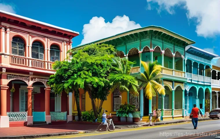 영국 통치 시대 트리니다드 문화 변화 - **Vibrant Port of Spain Street with Colonial Architecture**
    "A bustling, sunny street scene in P...