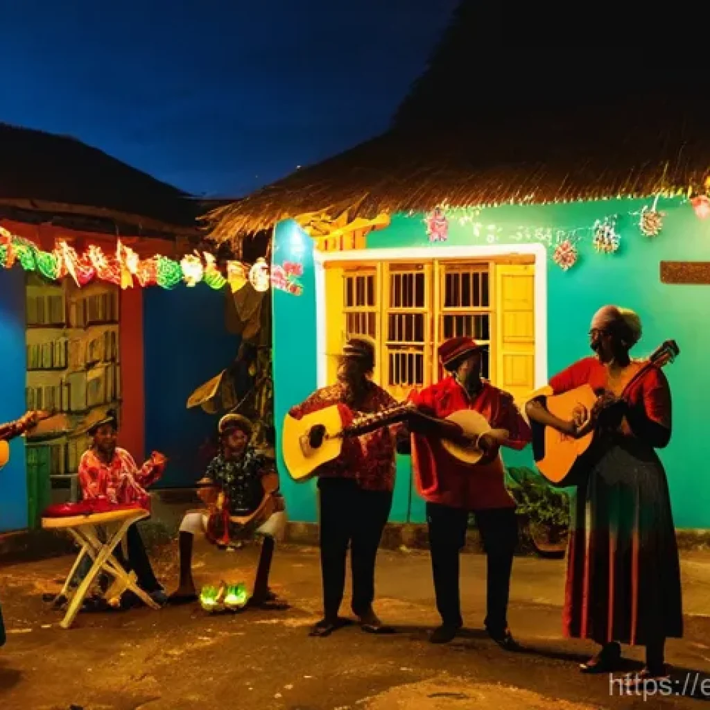 트리니다드 토바고 크리스마스 축제 - **Prompt:** A lively outdoor scene at night in Trinidad and Tobago during Christmas. A diverse group...