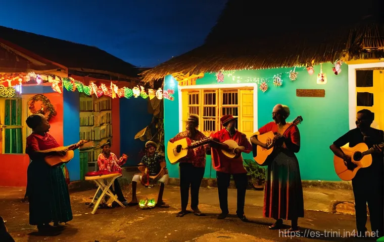 트리니다드 토바고 크리스마스 축제 - **Prompt:** A lively outdoor scene at night in Trinidad and Tobago during Christmas. A diverse group...
