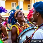 Home 19 트리니다드 토바고 전통 음악 소카 Soca - A vibrant Caribbean street carnival scene in Trinidad and Tobago at sunset, featuring a diverse crow...
