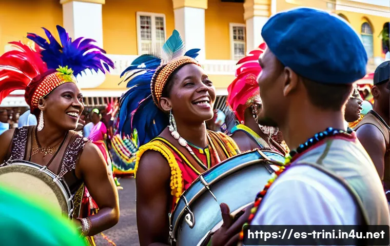 트리니다드 토바고 전통 음악 소카 Soca - A vibrant Caribbean street carnival scene in Trinidad and Tobago at sunset, featuring a diverse crow...