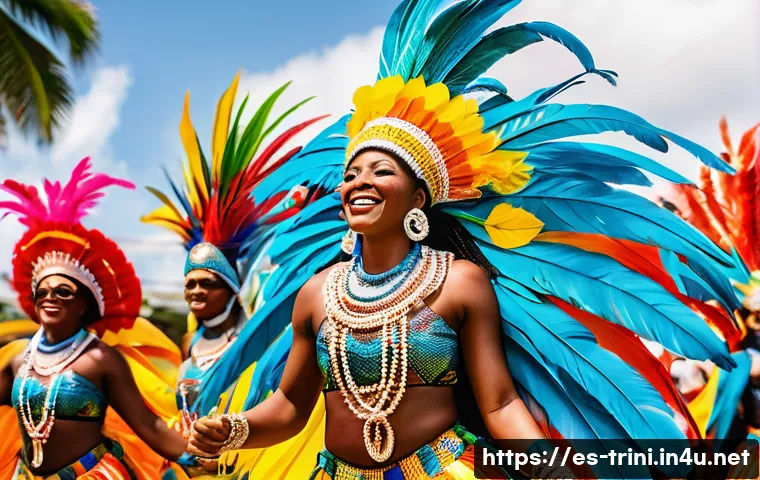 트리니다드 토바고 아프리카계와 인도계 문화 차이 - A vibrant Carnival scene in Trinidad and Tobago showcasing Afrotrinitense culture: colorful costumes...