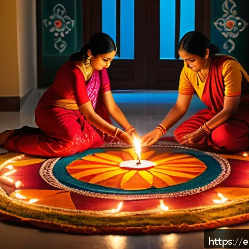 디왈리 축제 힌두교 문화 영향 - A warm, inviting home interior during Diwali evening, with traditional oil lamps (diyas) and colorfu...