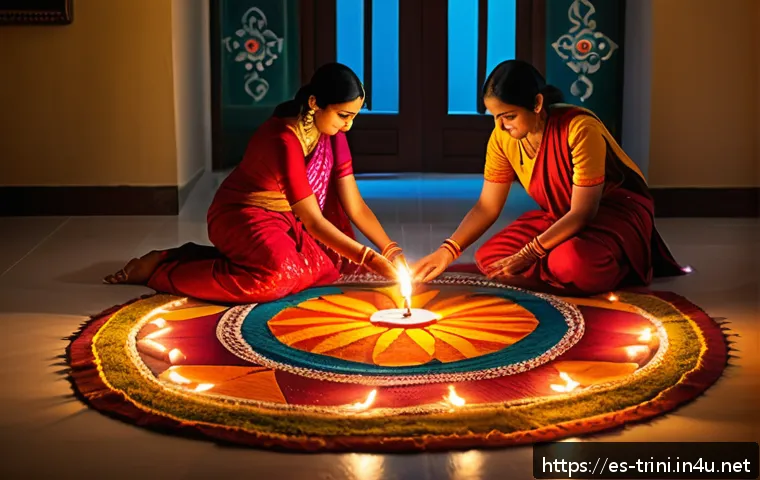 디왈리 축제 힌두교 문화 영향 - A warm, inviting home interior during Diwali evening, with traditional oil lamps (diyas) and colorfu...