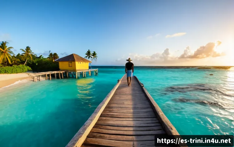 트리니다드 토바고에서 사진 찍기 좋은 명소 - Photorealistic golden-hour travel scene at Pigeon Point Heritage Park, Tobago, a lone traveler in ca...